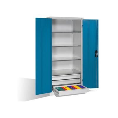 Armoire à outils C+P à portes battantes, 4 tablettes et 3 tiroirs, H1950xL930xP600mm Façade bleu clair Corps gris clair ; C + P Möbelsysteme (8922-503 S10098) - Publicité Armoire à outils C+P à portes battantes, 4 tablettes et 3 tiroirs, H1950xL930xP600mm Façade bleu clair Corps gris clair ; C + P Möbelsysteme (8922-503 S10098) - Publicité