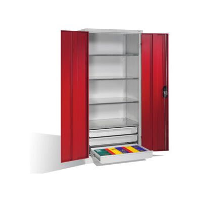 Armoire à outils C+P à portes battantes, 4 tablettes et 3 tiroirs, H1950xL930xP600mm Façade rouge rubis Corps gris clair ; C + P Möbelsysteme (8922-503 S10097) - Publicité Armoire à outils C+P à portes battantes, 4 tablettes et 3 tiroirs, H1950xL930xP600mm Façade rouge rubis Corps gris clair ; C + P Möbelsysteme (8922-503 S10097) - Publicité