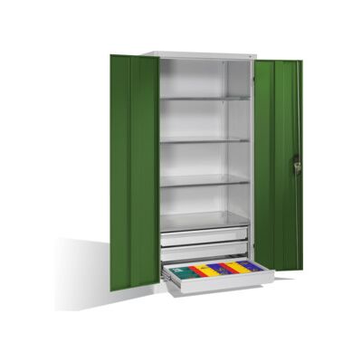 Armoire à outils C+P à portes battantes, 4 tablettes et 3 tiroirs, H1950xL930xP600mm Façade vert réséda Corps gris clair ; C + P Möbelsysteme (8922-503 S10100) - Publicité Armoire à outils C+P à portes battantes, 4 tablettes et 3 tiroirs, H1950xL930xP600mm Façade vert réséda Corps gris clair ; C + P Möbelsysteme (8922-503 S10100) - Publicité