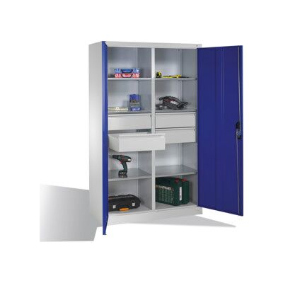 Armoire à outils C+P à portes battantes, 6 tablettes, 4 tiroirs, H1950xL1200xP500mm Façade bleu gentiane Corps gris clair ; C + P Möbelsysteme (8931-3042 S10130) - Publicité Armoire à outils C+P à portes battantes, 6 tablettes, 4 tiroirs, H1950xL1200xP500mm Façade bleu gentiane Corps gris clair ; C + P Möbelsysteme (8931-3042 S10130) - Publicité