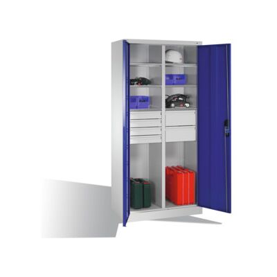 Armoire à outils C+P à portes battantes, 6 tablettes, 6 tiroirs, H1950xL930xP500mm Façade bleu gentiane Corps gris clair ; C + P Möbelsysteme (8921-3041 S10152) - Publicité Armoire à outils C+P à portes battantes, 6 tablettes, 6 tiroirs, H1950xL930xP500mm Façade bleu gentiane Corps gris clair ; C + P Möbelsysteme (8921-3041 S10152) - Publicité