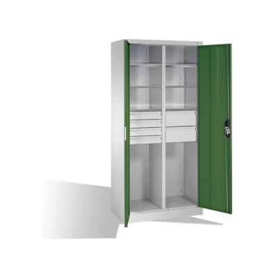 Armoire à outils C+P à portes battantes, 6 tablettes, 6 tiroirs, H1950xL930xP500mm Façade vert réséda Corps gris clair ; C + P Möbelsysteme (8921-3041 S10153) - Publicité Armoire à outils C+P à portes battantes, 6 tablettes, 6 tiroirs, H1950xL930xP500mm Façade vert réséda Corps gris clair ; C + P Möbelsysteme (8921-3041 S10153) - Publicité