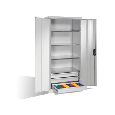 Armoire à outils C+P avec portes battantes, 4 tablettes et 3 tiroirs, H1950xL930xP600mm Façade gris clair Corps gris clair ; C + P Möbelsysteme (8922-503 S10055) - Publicité Armoire à outils C+P avec portes battantes, 4 tablettes et 3 tiroirs, H1950xL930xP600mm Façade gris clair Corps gris clair ; C + P Möbelsysteme (8922-503 S10055) - Publicité