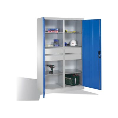Armoire à outils C+P avec portes battantes, 6 tablettes, 4 tiroirs, H1950xL1200xP500mm Façade bleu clair Corps gris clair ; C + P Möbelsysteme (8931-3042 S10132) - Publicité Armoire à outils C+P avec portes battantes, 6 tablettes, 4 tiroirs, H1950xL1200xP500mm Façade bleu clair Corps gris clair ; C + P Möbelsysteme (8931-3042 S10132) - Publicité