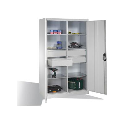 Armoire à outils C+P avec portes battantes, 6 tablettes, 4 tiroirs, H1950xL1200xP500mm Façade gris clair Corps gris clair ; C + P Möbelsysteme (8931-3042 S10131) - Publicité Armoire à outils C+P avec portes battantes, 6 tablettes, 4 tiroirs, H1950xL1200xP500mm Façade gris clair Corps gris clair ; C + P Möbelsysteme (8931-3042 S10131) - Publicité