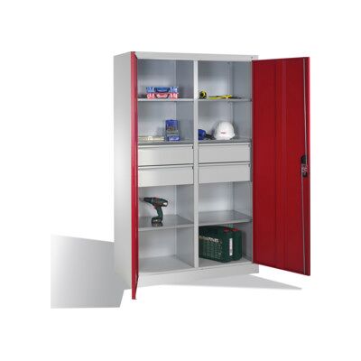 Armoire à outils C+P avec portes battantes, 6 tablettes, 4 tiroirs, H1950xL1200xP500mm Façade rouge rubis Corps gris clair ; C + P Möbelsysteme (8931-3042 S10209) - Publicité Armoire à outils C+P avec portes battantes, 6 tablettes, 4 tiroirs, H1950xL1200xP500mm Façade rouge rubis Corps gris clair ; C + P Möbelsysteme (8931-3042 S10209) - Publicité