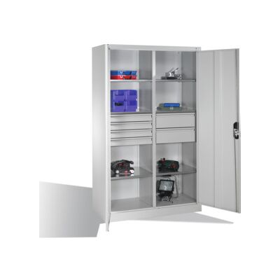 Armoire à outils C+P avec portes battantes, 6 tablettes, 6 tiroirs, H1950xL1200xP500mm, gris clair ; C + P Möbelsysteme (8931-3041 S10156) - Publicité Armoire à outils C+P avec portes battantes, 6 tablettes, 6 tiroirs, H1950xL1200xP500mm, gris clair ; C + P Möbelsysteme (8931-3041 S10156) - Publicité