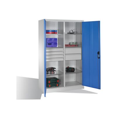 Armoire à outils C+P avec portes battantes, 6 tablettes, 6 tiroirs, H1950xL1200xP500mm, gris clair/bleu clair ; C + P Möbelsysteme (8931-3041 S10157) - Publicité Armoire à outils C+P avec portes battantes, 6 tablettes, 6 tiroirs, H1950xL1200xP500mm, gris clair/bleu clair ; C + P Möbelsysteme (8931-3041 S10157) - Publicité