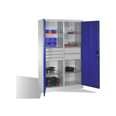 Armoire à outils C+P avec portes battantes, 6 tablettes, 6 tiroirs, H1950xL1200xP500mm, gris clair/bleu gentiane ; C + P Möbelsysteme (8931-3041 S10158) - Publicité Armoire à outils C+P avec portes battantes, 6 tablettes, 6 tiroirs, H1950xL1200xP500mm, gris clair/bleu gentiane ; C + P Möbelsysteme (8931-3041 S10158) - Publicité