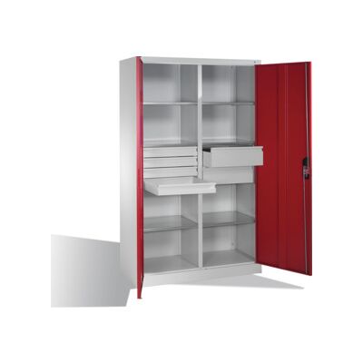Armoire à outils C+P avec portes battantes, 6 tablettes, 6 tiroirs, H1950xL1200xP500mm, gris clair/rouge rubis ; C + P Möbelsysteme (8931-3041 S10159) - Publicité Armoire à outils C+P avec portes battantes, 6 tablettes, 6 tiroirs, H1950xL1200xP500mm, gris clair/rouge rubis ; C + P Möbelsysteme (8931-3041 S10159) - Publicité