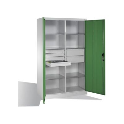 Armoire à outils C+P avec portes battantes, 6 tablettes, 6 tiroirs, H1950xL1200xP500mm, gris clair/vert réséda ; C + P Möbelsysteme (8931-3041 S10160) - Publicité Armoire à outils C+P avec portes battantes, 6 tablettes, 6 tiroirs, H1950xL1200xP500mm, gris clair/vert réséda ; C + P Möbelsysteme (8931-3041 S10160) - Publicité