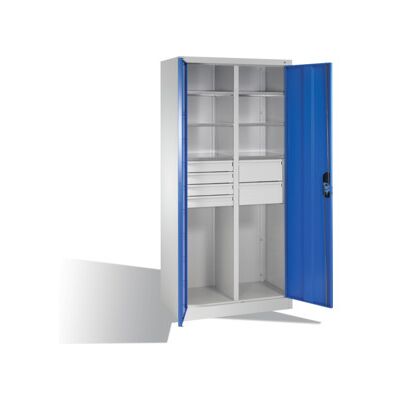 Armoire à outils C+P avec portes battantes, 6 tablettes, 6 tiroirs, H1950xL930xP500mm Façade bleu clair Corps gris clair ; C + P Möbelsysteme (8921-3041 S10155) - Publicité Armoire à outils C+P avec portes battantes, 6 tablettes, 6 tiroirs, H1950xL930xP500mm Façade bleu clair Corps gris clair ; C + P Möbelsysteme (8921-3041 S10155) - Publicité