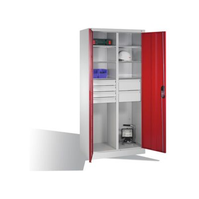 Armoire à outils C+P avec portes battantes, 6 tablettes, 6 tiroirs, H1950xL930xP500mm Façade rouge rubis Corps gris clair ; C + P Möbelsysteme (8921-3041 S10154) - Publicité Armoire à outils C+P avec portes battantes, 6 tablettes, 6 tiroirs, H1950xL930xP500mm Façade rouge rubis Corps gris clair ; C + P Möbelsysteme (8921-3041 S10154) - Publicité