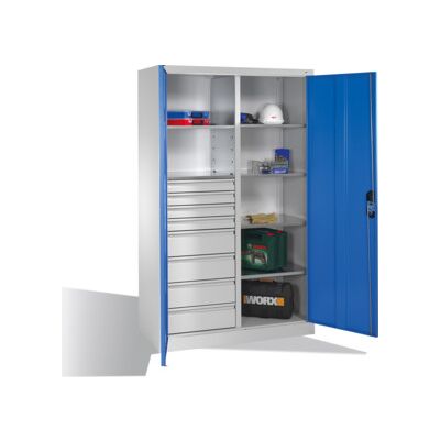 Armoire à outils C+P avec portes battantes, 6 tablettes, 8 tiroirs, H1950xL1200xP500mm, gris clair/bleu clair ; C + P Möbelsysteme (8931-305 S10156) - Publicité Armoire à outils C+P avec portes battantes, 6 tablettes, 8 tiroirs, H1950xL1200xP500mm, gris clair/bleu clair ; C + P Möbelsysteme (8931-305 S10156) - Publicité
