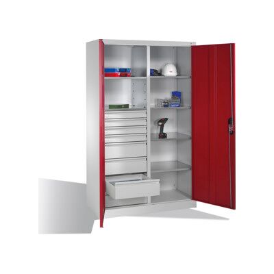 Armoire à outils C+P avec portes battantes, 6 tablettes, 8 tiroirs, H1950xL1200xP500mm, gris clair/rouge rubis ; C + P Möbelsysteme (8931-305 S10157) - Publicité Armoire à outils C+P avec portes battantes, 6 tablettes, 8 tiroirs, H1950xL1200xP500mm, gris clair/rouge rubis ; C + P Möbelsysteme (8931-305 S10157) - Publicité