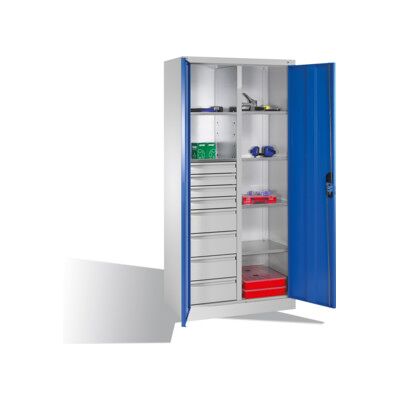 Armoire à outils C+P avec portes battantes, 6 tablettes, 8 tiroirs, H1950xL930xP500mm Façade bleu clair Corps gris clair ; C + P Möbelsysteme (8921-305 S10147) - Publicité Armoire à outils C+P avec portes battantes, 6 tablettes, 8 tiroirs, H1950xL930xP500mm Façade bleu clair Corps gris clair ; C + P Möbelsysteme (8921-305 S10147) - Publicité