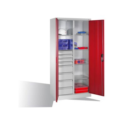 Armoire à outils C+P avec portes battantes, 6 tablettes, 8 tiroirs, H1950xL930xP500mm Façade rouge rubis Corps gris clair ; C + P Möbelsysteme (8921-305 S10148) - Publicité Armoire à outils C+P avec portes battantes, 6 tablettes, 8 tiroirs, H1950xL930xP500mm Façade rouge rubis Corps gris clair ; C + P Möbelsysteme (8921-305 S10148) - Publicité