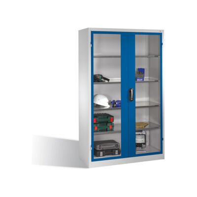 C + P Möbelsysteme Armoire à outils C+P avec portes battantes à fenêtre transparente, 4 tablettes intérieures, H1950xL1200xP500mm Façade bleu gentiane Corps gris clair ; (8931-055 S10188) - Publicité C + P Möbelsysteme Armoire à outils C+P avec portes battantes à fenêtre transparente, 4 tablettes intérieures, H1950xL1200xP500mm Façade bleu gentiane Corps gris clair ; (8931-055 S10188) - Publicité