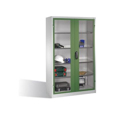 C + P Möbelsysteme Armoire à outils C+P avec portes battantes à fenêtre transparente, 4 tablettes intérieures, H1950xL1200xP500mm Façade vert réséda Corps gris clair ; C (8931-055 S10190) - Publicité C + P Möbelsysteme Armoire à outils C+P avec portes battantes à fenêtre transparente, 4 tablettes intérieures, H1950xL1200xP500mm Façade vert réséda Corps gris clair ; C (8931-055 S10190) - Publicité