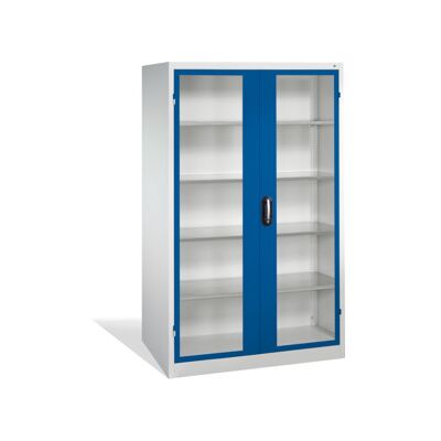 C + P Möbelsysteme Armoire à outils C+P avec portes battantes à fenêtre transparente, 4 tablettes intérieures, H1950xL1200xP600mm Façade bleu gentiane Corps gris clair ; (8932-055 S10133) - Publicité C + P Möbelsysteme Armoire à outils C+P avec portes battantes à fenêtre transparente, 4 tablettes intérieures, H1950xL1200xP600mm Façade bleu gentiane Corps gris clair ; (8932-055 S10133) - Publicité