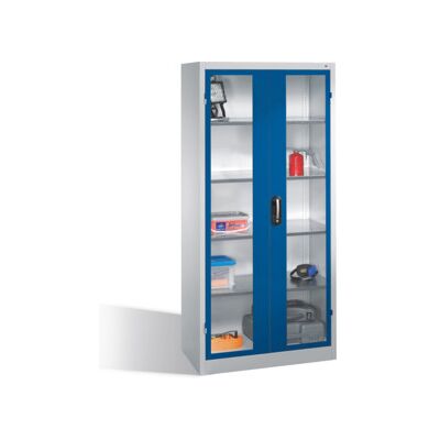C + P Möbelsysteme Armoire à outils C+P avec portes battantes à fenêtre transparente, 4 tablettes intérieures, H1950xL930xP500mm Façade bleu gentiane Corps gris clair ; (8921-055 S10219) - Publicité C + P Möbelsysteme Armoire à outils C+P avec portes battantes à fenêtre transparente, 4 tablettes intérieures, H1950xL930xP500mm Façade bleu gentiane Corps gris clair ; (8921-055 S10219) - Publicité