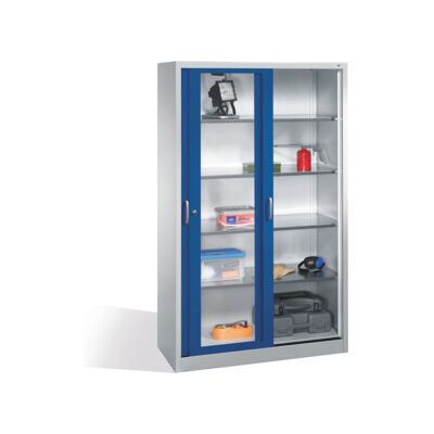 Armoire à outils C+P avec portes coulissantes vitrées, 4 étagères, H1950xL1200xP500mm face avant bleu gentiane corps gris clair ; C + P Möbelsysteme (2059-055 S10041) - Publicité Armoire à outils C+P avec portes coulissantes vitrées, 4 étagères, H1950xL1200xP500mm face avant bleu gentiane corps gris clair ; C + P Möbelsysteme (2059-055 S10041) - Publicité