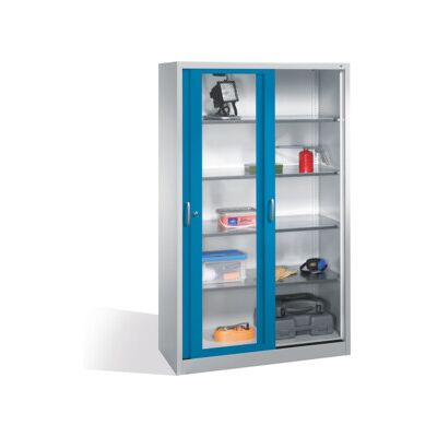 Armoire à outils C+P avec portes coulissantes vitrées, 4 étagères, H1950xL1200xP500mm face avant caisson bleu clair gris clair ; C + P Möbelsysteme (2059-055 S10044) - Publicité Armoire à outils C+P avec portes coulissantes vitrées, 4 étagères, H1950xL1200xP500mm face avant caisson bleu clair gris clair ; C + P Möbelsysteme (2059-055 S10044) - Publicité