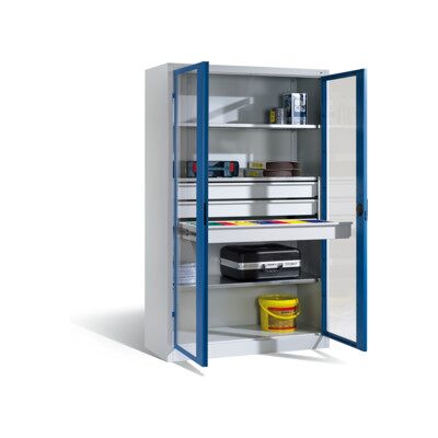 C + P Möbelsysteme Armoire à outils C+P, portes battantes à fenêtre transparente, 3 tablettes, 3 tiroirs, H1950xL1200xP500mm Façade bleu clair Corps gris clair ; C + P M (8931-5530 S10086) - Publicité C + P Möbelsysteme Armoire à outils C+P, portes battantes à fenêtre transparente, 3 tablettes, 3 tiroirs, H1950xL1200xP500mm Façade bleu clair Corps gris clair ; C + P M (8931-5530 S10086) - Publicité