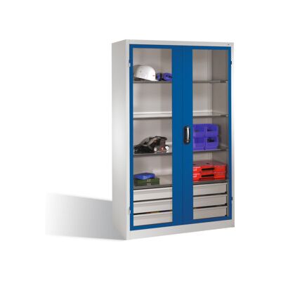 C + P Möbelsysteme Armoire à outils C+P, portes battantes à fenêtre transparente, 3 tablettes, 3 tiroirs, H1950xL1200xP500mm Façade bleu gentiane Corps gris clair ; C + (8931-5530 S10087) - Publicité C + P Möbelsysteme Armoire à outils C+P, portes battantes à fenêtre transparente, 3 tablettes, 3 tiroirs, H1950xL1200xP500mm Façade bleu gentiane Corps gris clair ; C + (8931-5530 S10087) - Publicité