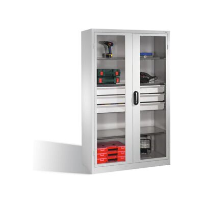 C + P Möbelsysteme Armoire à outils C+P, portes battantes à fenêtre transparente, 3 tablettes, 3 tiroirs, H1950xL1200xP500mm Façade gris clair Corps gris clair ; C + P M (8931-5530 S10046) - Publicité C + P Möbelsysteme Armoire à outils C+P, portes battantes à fenêtre transparente, 3 tablettes, 3 tiroirs, H1950xL1200xP500mm Façade gris clair Corps gris clair ; C + P M (8931-5530 S10046) - Publicité