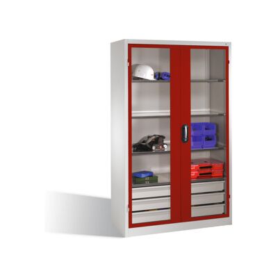 C + P Möbelsysteme Armoire à outils C+P, portes battantes à fenêtre transparente, 3 tablettes, 3 tiroirs, H1950xL1200xP500mm Façade rouge rubis Corps gris clair ; C + P (8931-5530 S10085) - Publicité C + P Möbelsysteme Armoire à outils C+P, portes battantes à fenêtre transparente, 3 tablettes, 3 tiroirs, H1950xL1200xP500mm Façade rouge rubis Corps gris clair ; C + P (8931-5530 S10085) - Publicité