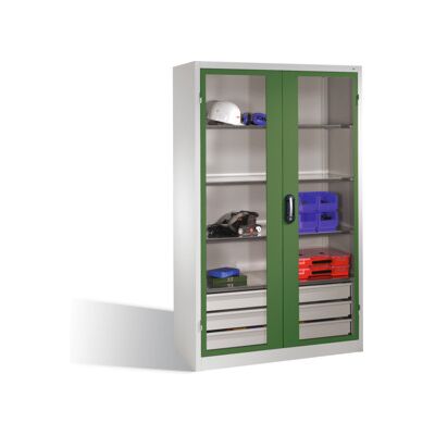 C + P Möbelsysteme Armoire à outils C+P, portes battantes à fenêtre transparente, 3 tablettes, 3 tiroirs, H1950xL1200xP500mm Façade vert réséda Corps gris clair ; C + P (8931-5530 S10088) - Publicité C + P Möbelsysteme Armoire à outils C+P, portes battantes à fenêtre transparente, 3 tablettes, 3 tiroirs, H1950xL1200xP500mm Façade vert réséda Corps gris clair ; C + P (8931-5530 S10088) - Publicité