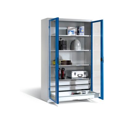 C + P Möbelsysteme Armoire à outils C+P, portes battantes à fenêtre transparente, 4 tablettes, 3 tiroirs, H1950xL1200xP500mm Façade bleu clair Corps gris clair ; C + P M (8931-553 S10090) - Publicité C + P Möbelsysteme Armoire à outils C+P, portes battantes à fenêtre transparente, 4 tablettes, 3 tiroirs, H1950xL1200xP500mm Façade bleu clair Corps gris clair ; C + P M (8931-553 S10090) - Publicité