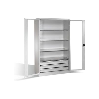C + P Möbelsysteme Armoire à outils C+P, portes battantes à fenêtre transparente, 4 tablettes, 3 tiroirs, H1950xL1200xP500mm Façade gris clair Corps gris clair ; C + P M (8931-553 S10024) - Publicité C + P Möbelsysteme Armoire à outils C+P, portes battantes à fenêtre transparente, 4 tablettes, 3 tiroirs, H1950xL1200xP500mm Façade gris clair Corps gris clair ; C + P M (8931-553 S10024) - Publicité