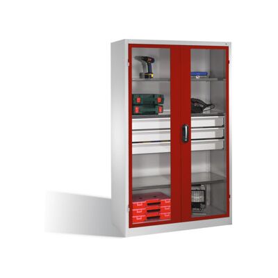 C + P Möbelsysteme Armoire à outils C+P, portes battantes à fenêtre transparente, 4 tablettes, 3 tiroirs, H1950xL1200xP500mm Façade rouge rubis Corps gris clair ; C + P (8931-553 S10089) - Publicité C + P Möbelsysteme Armoire à outils C+P, portes battantes à fenêtre transparente, 4 tablettes, 3 tiroirs, H1950xL1200xP500mm Façade rouge rubis Corps gris clair ; C + P (8931-553 S10089) - Publicité