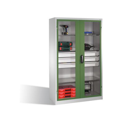 C + P Möbelsysteme Armoire à outils C+P, portes battantes à fenêtre transparente, 4 tablettes, 3 tiroirs, H1950xL1200xP500mm Façade vert réséda Corps gris clair ; C + P (8931-553 S10092) - Publicité C + P Möbelsysteme Armoire à outils C+P, portes battantes à fenêtre transparente, 4 tablettes, 3 tiroirs, H1950xL1200xP500mm Façade vert réséda Corps gris clair ; C + P (8931-553 S10092) - Publicité