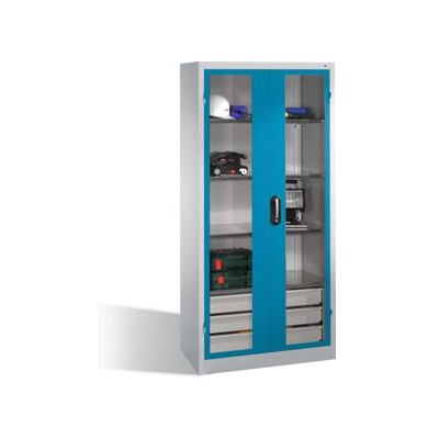 C + P Möbelsysteme Armoire à outils C+P, portes battantes à fenêtre transparente, 4 tablettes, 3 tiroirs, H1950xL930xP500mm Façade bleu clair Corps gris clair ; C + P Mö (8921-553 S10093) - Publicité C + P Möbelsysteme Armoire à outils C+P, portes battantes à fenêtre transparente, 4 tablettes, 3 tiroirs, H1950xL930xP500mm Façade bleu clair Corps gris clair ; C + P Mö (8921-553 S10093) - Publicité