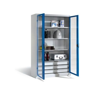 C + P Möbelsysteme Armoire à outils C+P, portes battantes à fenêtre transparente, 4 tablettes, 3 tiroirs, H1950xL930xP500mm Façade bleu gentiane Corps gris clair ; C + P (8921-553 S10094) - Publicité C + P Möbelsysteme Armoire à outils C+P, portes battantes à fenêtre transparente, 4 tablettes, 3 tiroirs, H1950xL930xP500mm Façade bleu gentiane Corps gris clair ; C + P (8921-553 S10094) - Publicité