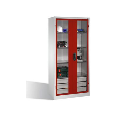 C + P Möbelsysteme Armoire à outils C+P, portes battantes à fenêtre transparente, 4 tablettes, 3 tiroirs, H1950xL930xP500mm Façade rouge rubis Corps gris clair ; C + P M (8921-553 S10092) - Publicité C + P Möbelsysteme Armoire à outils C+P, portes battantes à fenêtre transparente, 4 tablettes, 3 tiroirs, H1950xL930xP500mm Façade rouge rubis Corps gris clair ; C + P M (8921-553 S10092) - Publicité