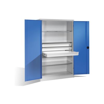 C + P Möbelsysteme Armoire pour charges lourdes C+P avec portes battantes, 3 tablettes et 3 tiroirs, H1950xL1200xP500mm Façade bleu clair Corps gris clair ; C + P Möbels (8931-5230 S10079) - Publicité C + P Möbelsysteme Armoire pour charges lourdes C+P avec portes battantes, 3 tablettes et 3 tiroirs, H1950xL1200xP500mm Façade bleu clair Corps gris clair ; C + P Möbels (8931-5230 S10079) - Publicité
