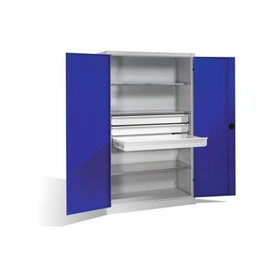 C + P Möbelsysteme Armoire pour charges lourdes C+P avec portes battantes, 3 tablettes et 3 tiroirs, H1950xL1200xP500mm Façade bleu gentiane Corps gris clair ; C + P Möb (8931-5230 S10131) - Publicité C + P Möbelsysteme Armoire pour charges lourdes C+P avec portes battantes, 3 tablettes et 3 tiroirs, H1950xL1200xP500mm Façade bleu gentiane Corps gris clair ; C + P Möb (8931-5230 S10131) - Publicité