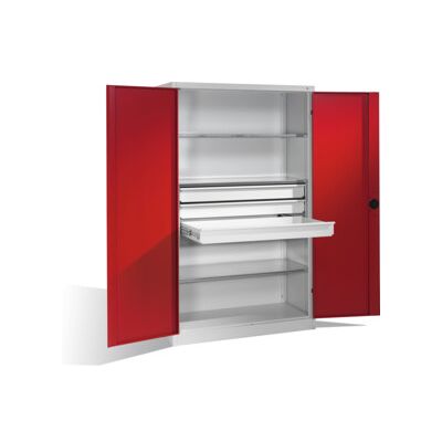 C + P Möbelsysteme Armoire pour charges lourdes C+P avec portes battantes, 3 tablettes et 3 tiroirs, H1950xL1200xP500mm Façade rouge rubis Corps gris clair ; C + P Möbel (8931-5230 S10080) - Publicité C + P Möbelsysteme Armoire pour charges lourdes C+P avec portes battantes, 3 tablettes et 3 tiroirs, H1950xL1200xP500mm Façade rouge rubis Corps gris clair ; C + P Möbel (8931-5230 S10080) - Publicité
