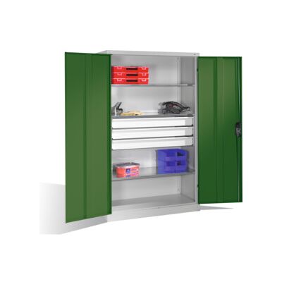 C + P Möbelsysteme Armoire pour charges lourdes C+P avec portes battantes, 3 tablettes et 3 tiroirs, H1950xL1200xP500mm Façade vert réséda Corps gris clair ; C + P Möbel (8931-5230 S10132) - Publicité C + P Möbelsysteme Armoire pour charges lourdes C+P avec portes battantes, 3 tablettes et 3 tiroirs, H1950xL1200xP500mm Façade vert réséda Corps gris clair ; C + P Möbel (8931-5230 S10132) - Publicité