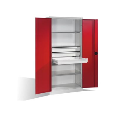 C + P Möbelsysteme Armoire pour charges lourdes C+P avec portes battantes, 3 tablettes et 3 tiroirs, H1950xL930xP500mm Façade rouge rubis Corps gris clair ; C + P Möbels (8921-5230 S10142) - Publicité C + P Möbelsysteme Armoire pour charges lourdes C+P avec portes battantes, 3 tablettes et 3 tiroirs, H1950xL930xP500mm Façade rouge rubis Corps gris clair ; C + P Möbels (8921-5230 S10142) - Publicité