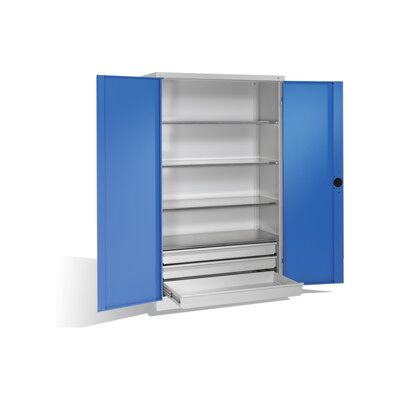 C + P Möbelsysteme Armoire pour charges lourdes C+P avec portes battantes, 4 tablettes et 3 tiroirs, H1950xL1200xP500mm Façade bleu clair Corps gris clair ; C + P Möbels (8931-523 S10056) - Publicité C + P Möbelsysteme Armoire pour charges lourdes C+P avec portes battantes, 4 tablettes et 3 tiroirs, H1950xL1200xP500mm Façade bleu clair Corps gris clair ; C + P Möbels (8931-523 S10056) - Publicité