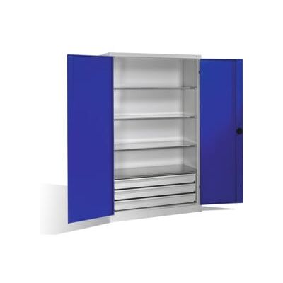 C + P Möbelsysteme Armoire pour charges lourdes C+P avec portes battantes, 4 tablettes et 3 tiroirs, H1950xL1200xP500mm Façade bleu gentiane Corps gris clair ; C + P Möb (8931-523 S10106) - Publicité C + P Möbelsysteme Armoire pour charges lourdes C+P avec portes battantes, 4 tablettes et 3 tiroirs, H1950xL1200xP500mm Façade bleu gentiane Corps gris clair ; C + P Möb (8931-523 S10106) - Publicité
