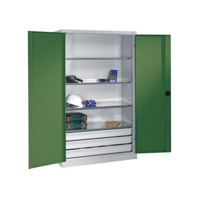 C + P Möbelsysteme Armoire pour charges lourdes C+P avec portes battantes, 4 tablettes et 3 tiroirs, H1950xL1200xP500mm Façade vert réséda Corps gris clair ; C + P Möbel (8931-523 S10107) - Publicité C + P Möbelsysteme Armoire pour charges lourdes C+P avec portes battantes, 4 tablettes et 3 tiroirs, H1950xL1200xP500mm Façade vert réséda Corps gris clair ; C + P Möbel (8931-523 S10107) - Publicité