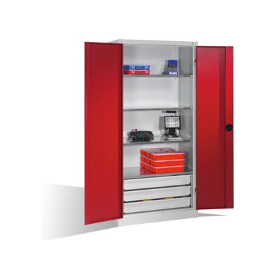 C + P Möbelsysteme Armoire pour charges lourdes C+P avec portes battantes, 4 tablettes et 3 tiroirs, H1950xL930xP500mm Façade rouge rubis Corps gris clair ; C + P Möbels (8921-523 S10128) - Publicité C + P Möbelsysteme Armoire pour charges lourdes C+P avec portes battantes, 4 tablettes et 3 tiroirs, H1950xL930xP500mm Façade rouge rubis Corps gris clair ; C + P Möbels (8921-523 S10128) - Publicité