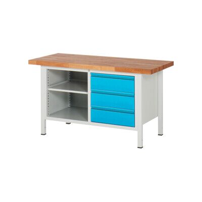 Etabli réglable en hauteur STIER Premium avec 3 tiroirs et un compartiment ouvert, lxPxH 1 500x700x840-1 040 mm, RAL 7035 / RAL 5012 (906178) - Publicité Etabli réglable en hauteur STIER Premium avec 3 tiroirs et un compartiment ouvert, lxPxH 1 500x700x840-1 040 mm, RAL 7035 / RAL 5012 (906178) - Publicité
