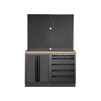 Mobilier d'atelier Mobilio 2 éléments Kraftwerk, paroi perforée, contreplaqué hêtre, 5 tiroirs (3964K-BLK-019) - Publicité Mobilier d'atelier Mobilio 2 éléments Kraftwerk, paroi perforée, contreplaqué hêtre, 5 tiroirs (3964K-BLK-019) - Publicité